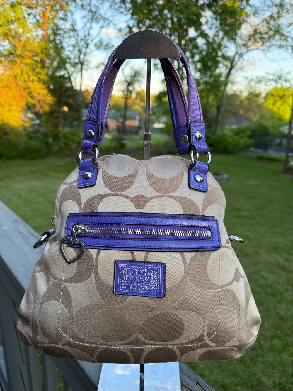 Coach Poppy Signature Canvas Satchel with Purple Patent Leather Trim